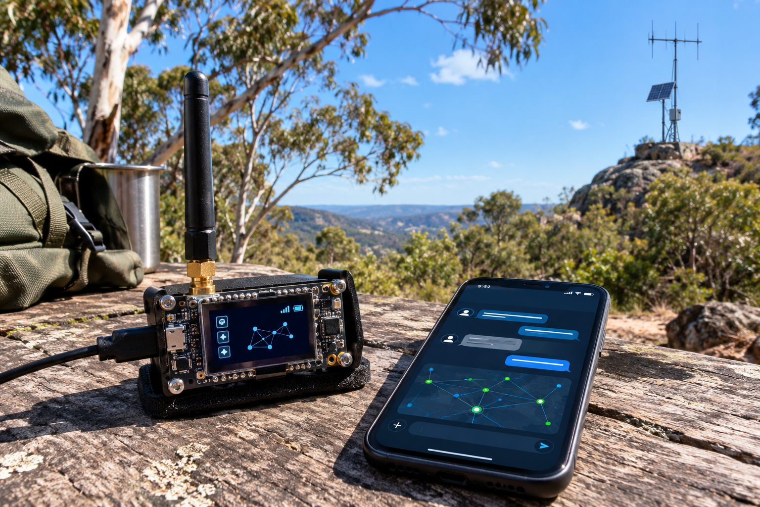 Illustrative scene of a LoRa radio node and smartphone used for off-grid messaging in the Australian bush
